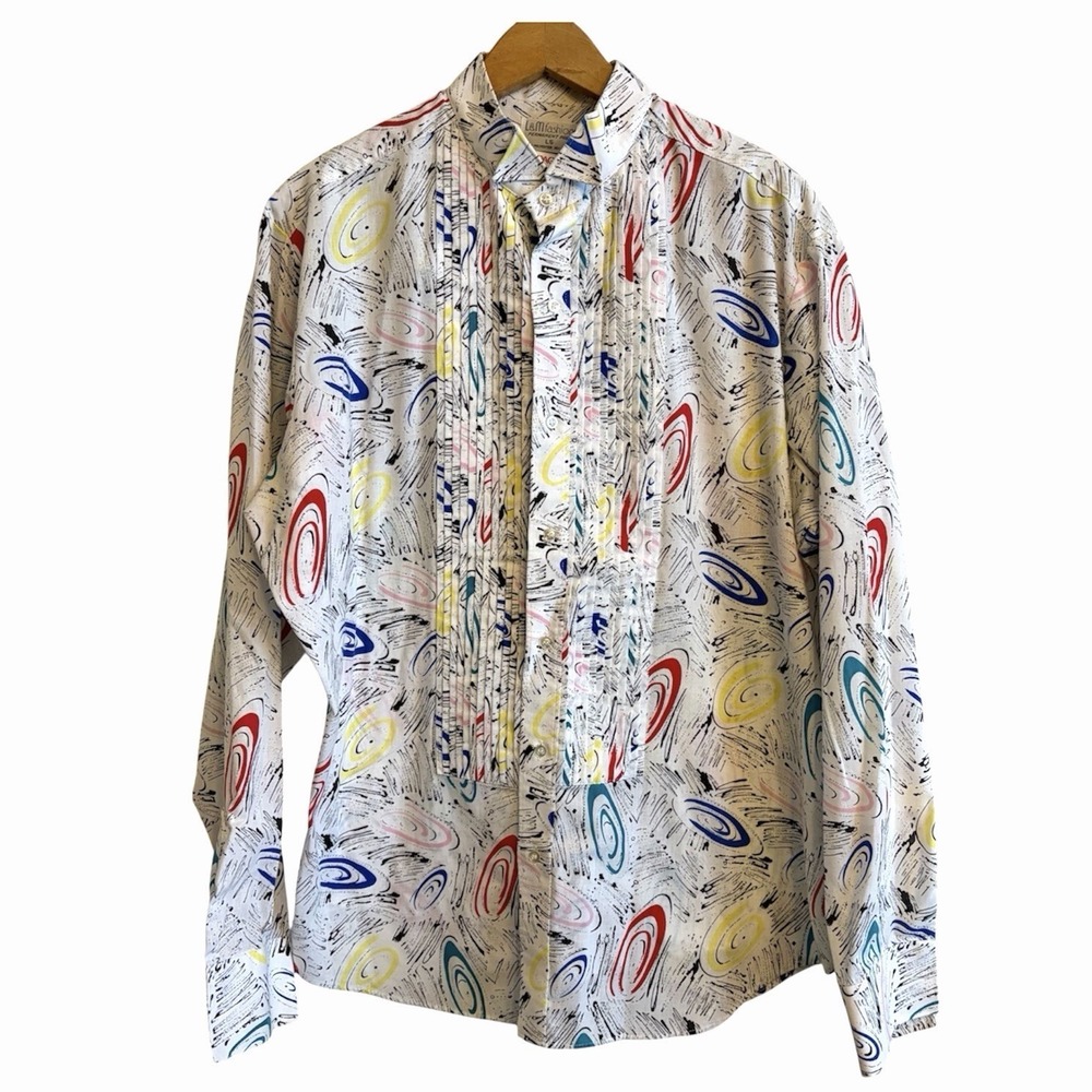 Vintage 80's Tuxedo Shirt L&M Outrageous! Vortex Pattern Long Sleeve Galaxy USA